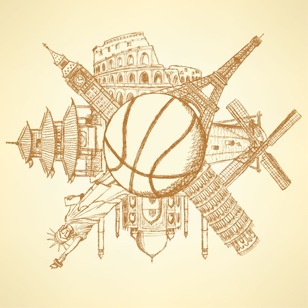 Famous architecture buildings around the basketball ballのイラスト素材