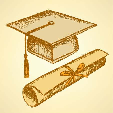 Sketch graduation hat and diploma scroll with ribbonのイラスト素材