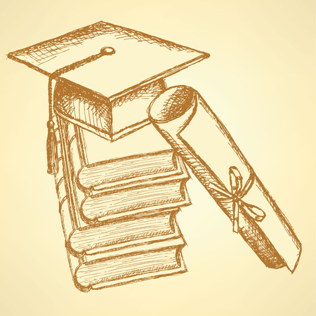 Sketch deck of books with hat on the top and with papyrus diplomaのイラスト素材