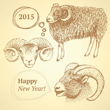 Sketch New Year ram in vintage style, backgroundのイラスト素材