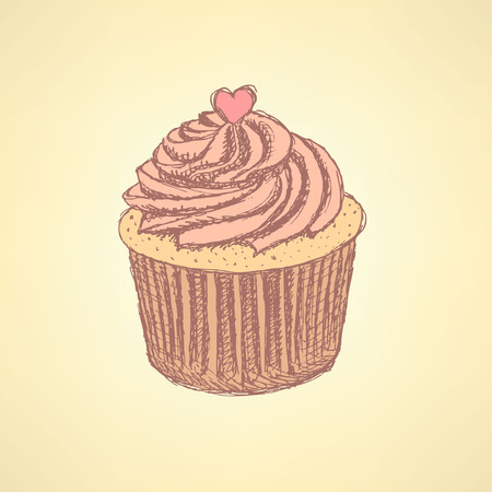Sketch tasty cupcke in vintage style, vector backgroundのイラスト素材