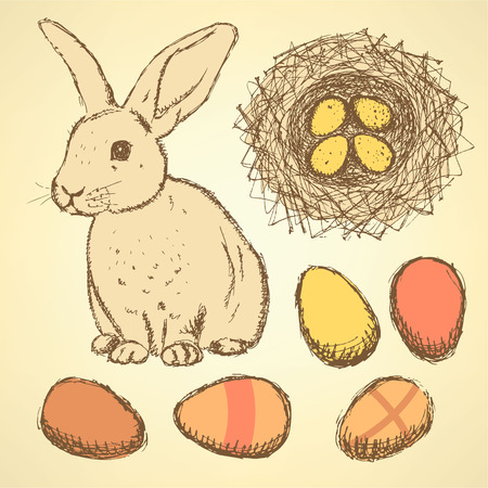 Sketch Easter set in vintage style, vectorのイラスト素材