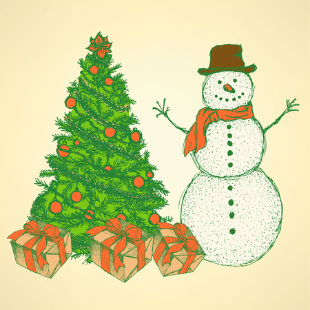 Sketch Christmas set in vintage style, vectorのイラスト素材