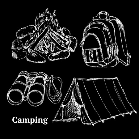 Sketch camping set in vintage style, vectorのイラスト素材