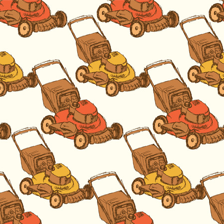 Sketch lawn mover in vintage style, vector seamless patternのイラスト素材