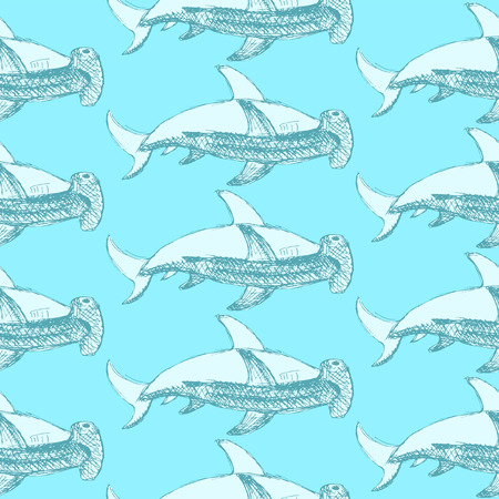 Sketch hammerhead shark in vintage style, vector seamless patternのイラスト素材
