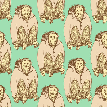Sketch fancy uakari in vintage style, vector seamless patternのイラスト素材