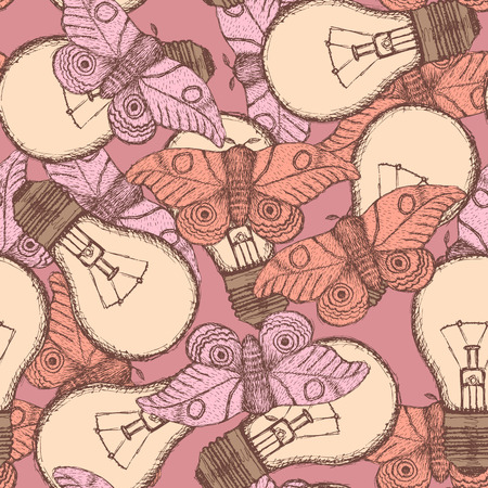 Sketch lamps and moths in vintage style, vector seamless patternのイラスト素材
