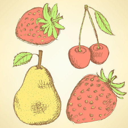 Sketch pear, strawberry and cherry in vintage style, vectorのイラスト素材