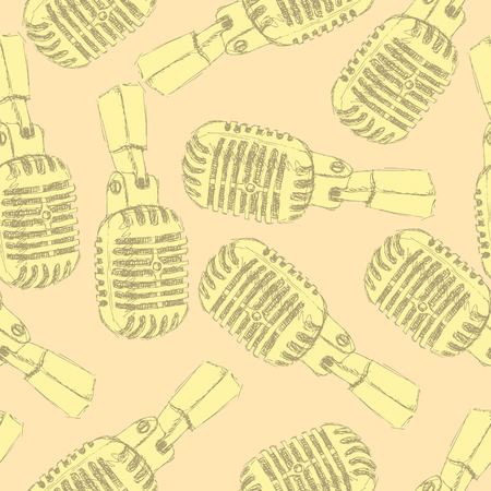 Sketch old microphone in vintage style, vector seamless patternのイラスト素材