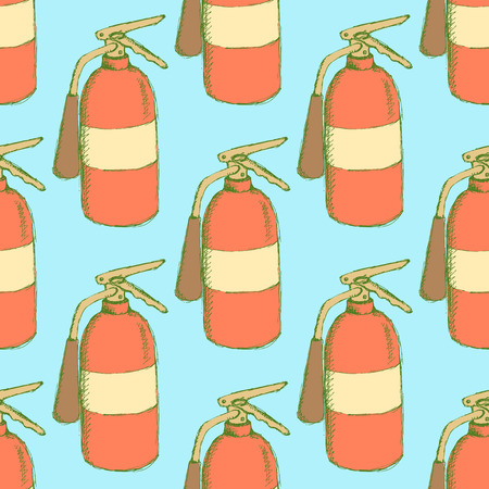 Sketch colorful extinguisher in vintage style, vector seamless patternのイラスト素材
