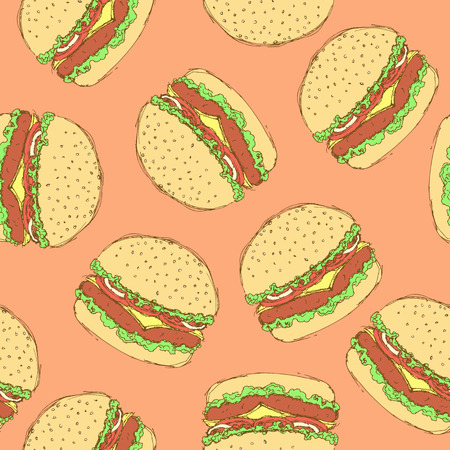 Sketch tasty hamburger in vintage style, vector seamless patternのイラスト素材