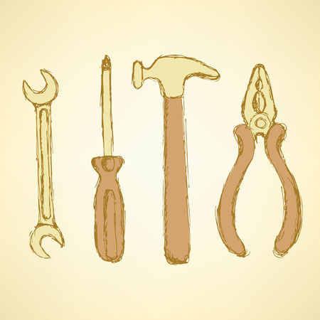 Sketch workers tools in vintage style, vectorのイラスト素材
