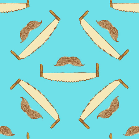 Sketch mustache and saw in vintage style, vector seamless patternのイラスト素材