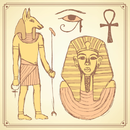 Sketch Egyptian set in vintage style, vectorのイラスト素材
