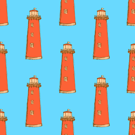 Sketch cute lighthouse in vintage style, vector seamless patternのイラスト素材