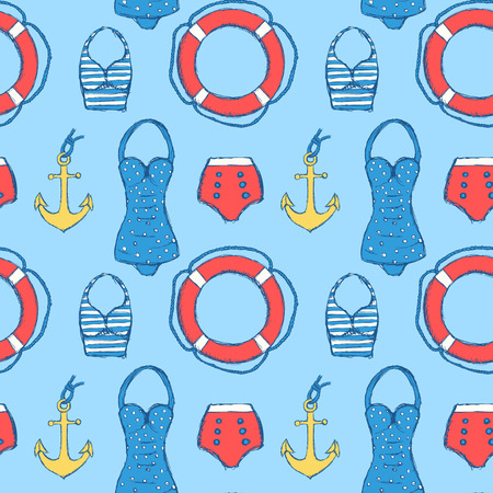 Sketch sea set in vintage style, vector seamless patternのイラスト素材