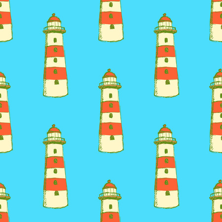 Sketch cute lighthouse in vintage style, vector seamless patternのイラスト素材