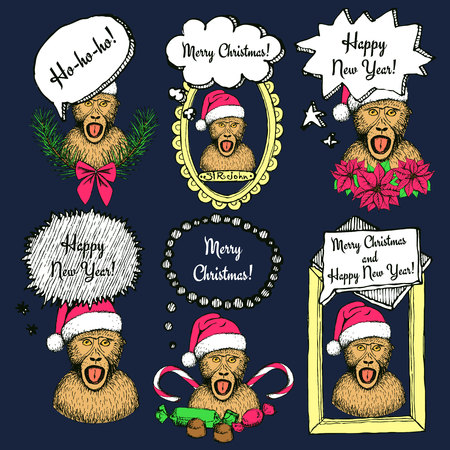 Sketch New Year monkey with bubble in vintage style, vector setのイラスト素材