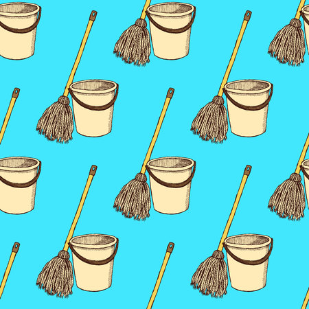 Sketch mop and bucket in vintage style, vector seamless patternのイラスト素材