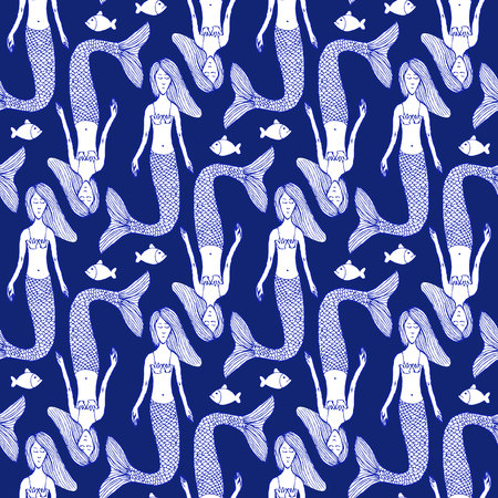 Sketch mermaid and fish pattern in vintage styleのイラスト素材