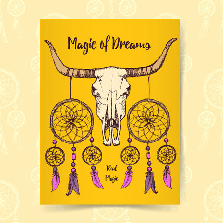 Sketch longhorn and dream catcher in vintage style, posterのイラスト素材