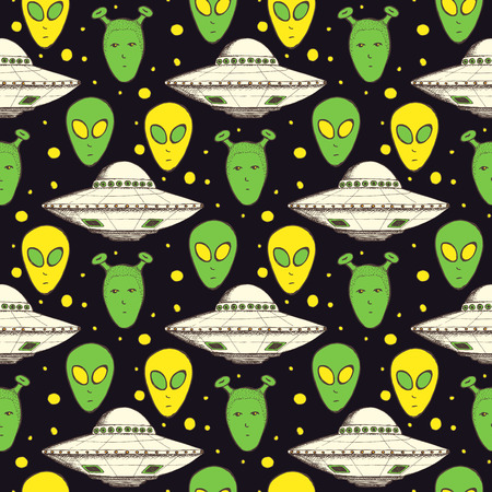 Sketch aliens and plate in vintage style, seamless patternのイラスト素材