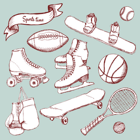 Sports set with balls and equipment in vintage style, vectorのイラスト素材