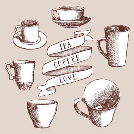 Set of coffee and tea cups  in vintage style, vectorのイラスト素材