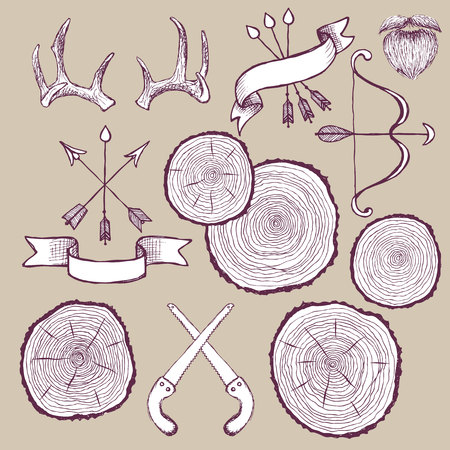 Tree rings set with bow,antlers and saw  in vintage style, vectorのイラスト素材