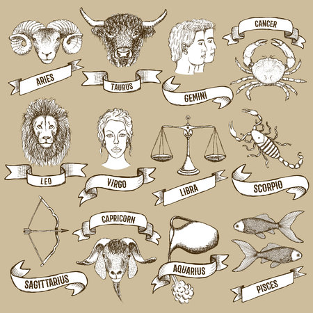 Zodiac set with ribbons in vintage style, vectorのイラスト素材