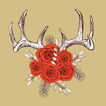 Antlers and roses in vintage style, vector hipster posterのイラスト素材