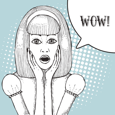 Surpraised girl with buddle and halftones in vintage style, vector engraved posterのイラスト素材