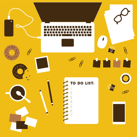 Working table top view with laptop, vector flat designのイラスト素材