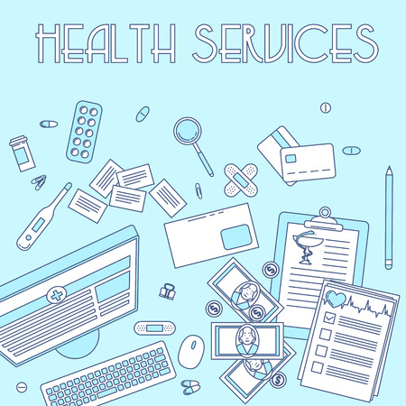 Health services, online doctor support. Medical working table, top view.のイラスト素材