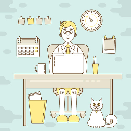 Freelancer working on computer. Working table with calendar, laptop and cat under the desk.のイラスト素材