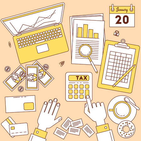 Tax calculator. Top view illustration, online and paper financial work.のイラスト素材