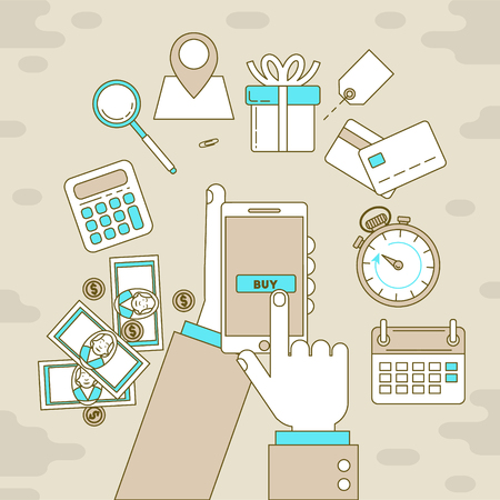 Internet shopping illustration, buying products via cell phone.のイラスト素材
