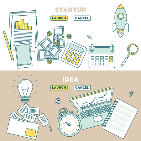 Start up banners line design. Generate of the idea and launch a businessのイラスト素材