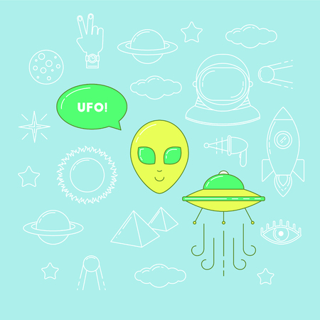 Alien illustration. Line design UFO, alien, planets sticker patchesのイラスト素材