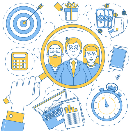 Target audience illustration, business man looking through magnifying glass to check social portrait of consumersのイラスト素材