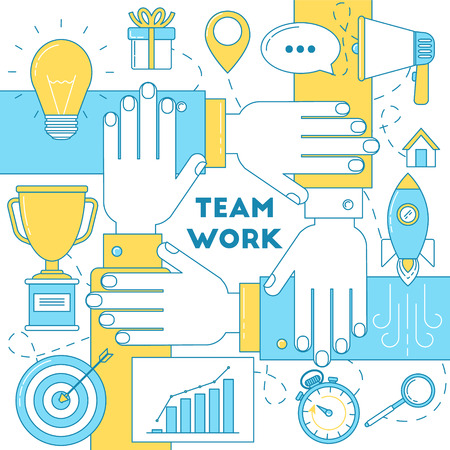 Team work with hands line illustration. idea, launching startup, advertising, research and trophy.のイラスト素材