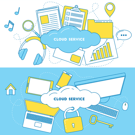 Cloud storage banners. Connection with files via laptop, cellphone and PC. Searching, security, documents storage and musicのイラスト素材