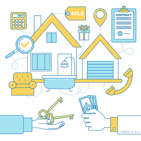Line design illustration of buying a house, realtor and costumer exchange money for keys.のイラスト素材