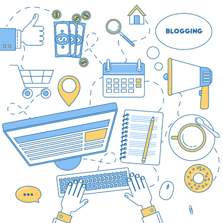 Blogging illustration line design. SEO, promotion, advertisement and online shoppingのイラスト素材