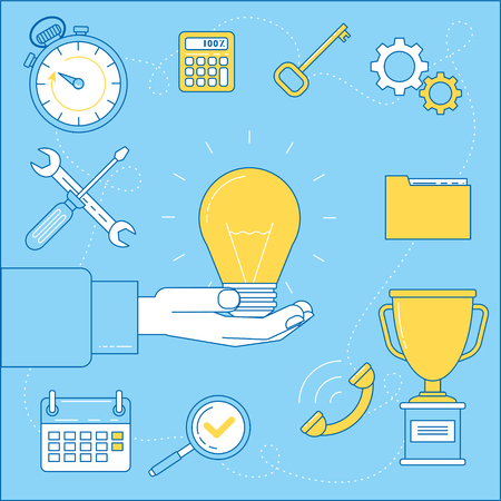 Big idea illustration. Working through ideas to get perfect solution and reach the goalsのイラスト素材