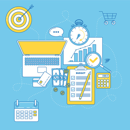 Budget planning illustration. Line design with graphs, money, calculator and laptop.のイラスト素材