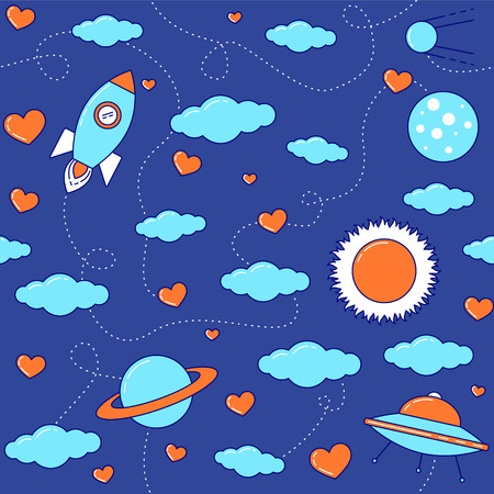 I love you to the Moon and back seamless pattern with rocket, UFO spaceship, planets, clouds and hearts.のイラスト素材