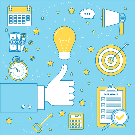 Big idea illustration. Working through ideas to get perfect solution and reach the goalsのイラスト素材