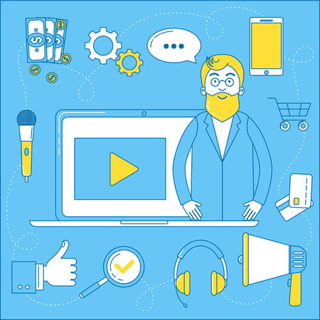 Video blogger illustration. Line design man in front of his laptop, promotion and advertisementのイラスト素材